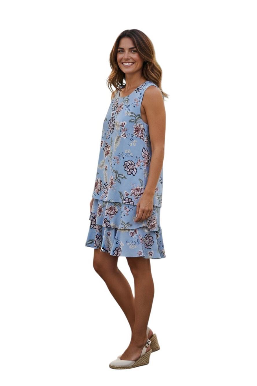 LAUREN RALPH LAUREN Women's 12 Dress Drop Waist Floral Blue Red Tiered Ruffle